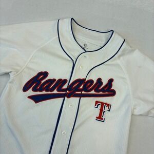 True Fan Texas Rangers MLB Baseball Jersey Men Small White Button Up Embroidered